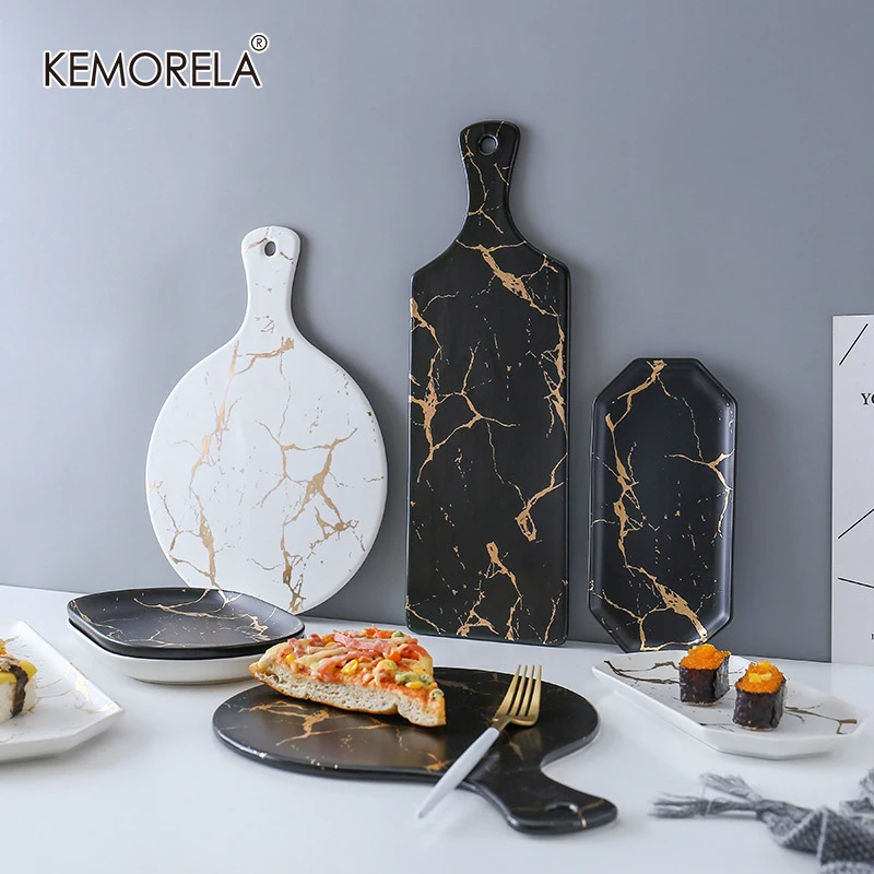 Tira de mármore criativa grande retangular e redondo prato de cerâmica para pizza prato de cozinha louça de porcelana para sushi atacado