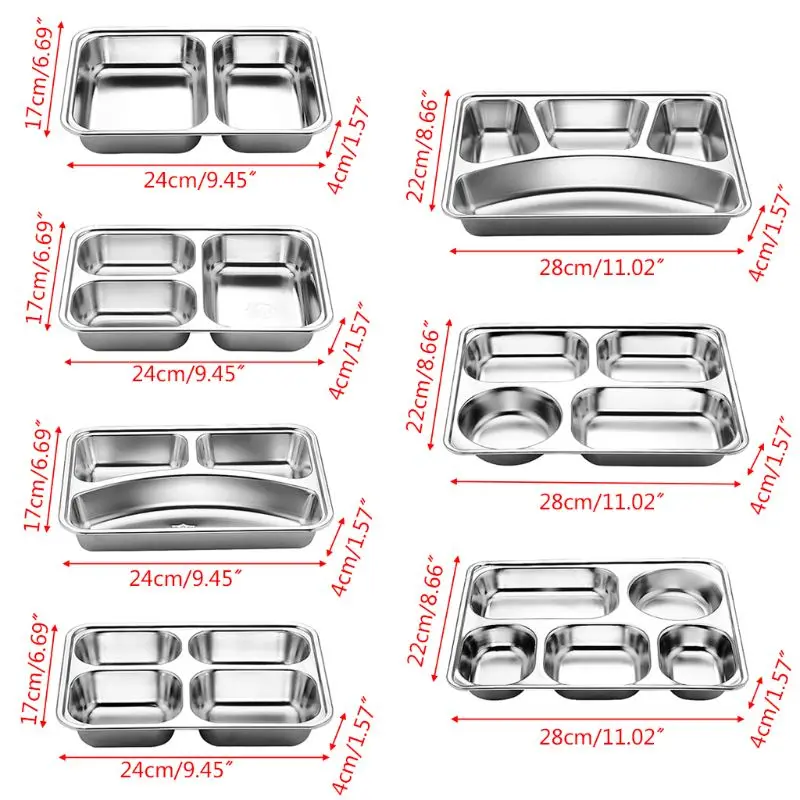 Stainless Steel Divided Dinner Tray Lunch Container Plate for School Canteen 3/5/4 Section