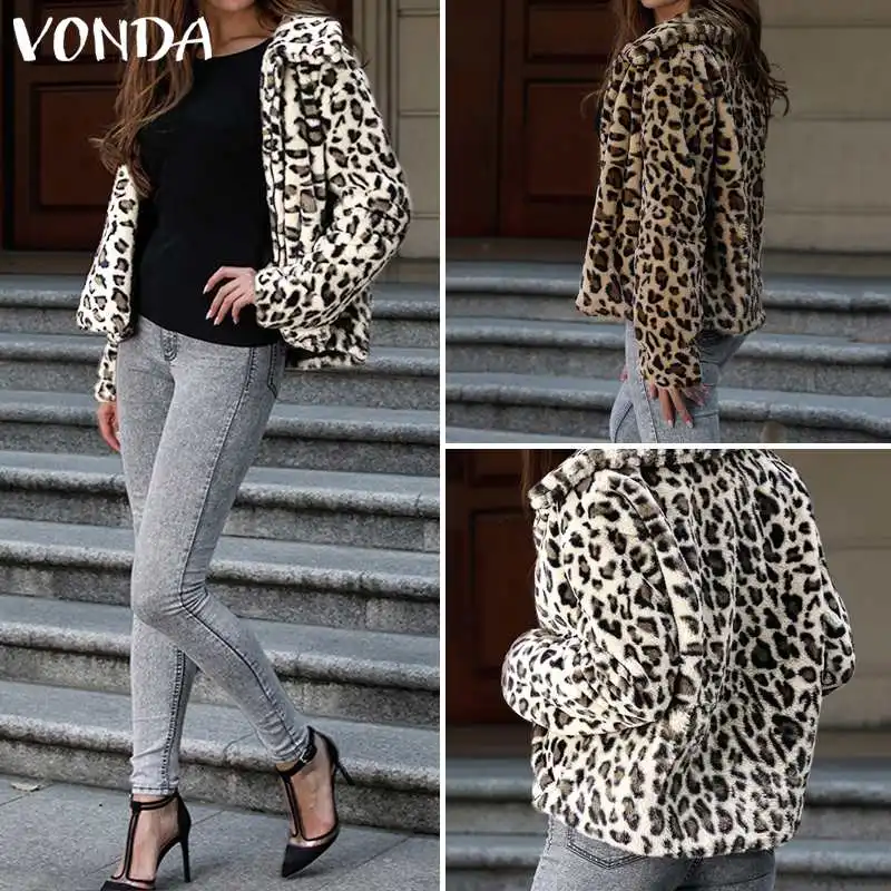 Осень зима VONDA женские леопардовые куртки на молнии из искусственного меха Модные женские теплые пальто женская верхняя одежда 5XL