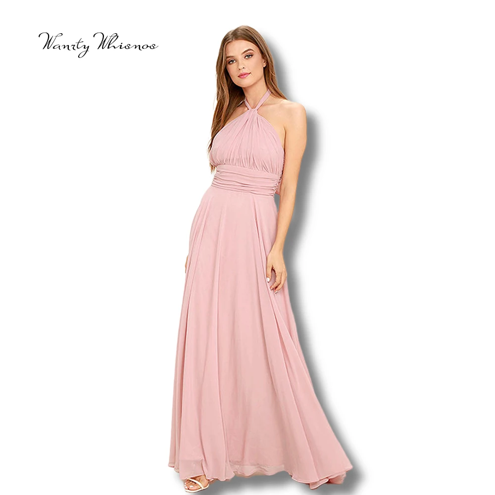 

2020 Sexy Sleeveless Halter Evening Dress Floor Length Light Pink Chiffon Party Gown Dresses Robe Soirée Longue