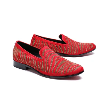 

toe pointed Men's red Flat dress Shoes fashion slip-on genuine leather Striped Comfortable rivet Casual shoes men size 38-46
