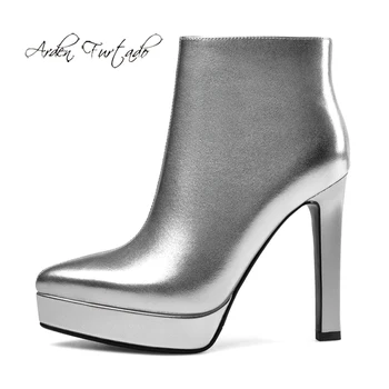 

Arden Furtado Fashion Women's Shoes Winter Pointed Toe Chunky Heels Zipper silver platform Boots Genuine Leather Ankle boots 32