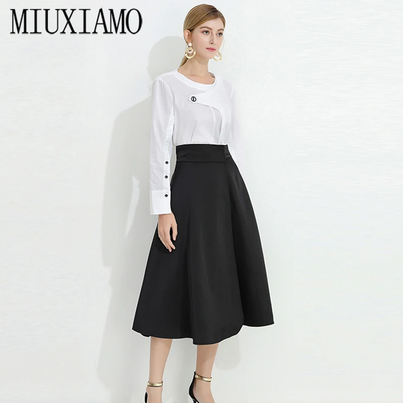 

MIUXIMAO Best Quality 2020 Office Lady Spring Twinset Elegant Long Sleeve Top+ Black Dress Luxury Suits Women Vestidos