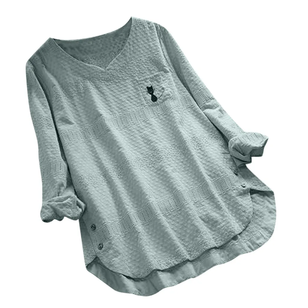 Wenini Women Vintage Pocket Cat Print Button V-Neck Long Sleeve Plus Size Shirt Top Blouse S-5XL 