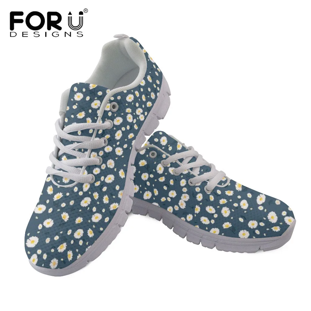 

FORUDESIGNS Wear-resistant Sneakers for Ladies Beautiful Daisy Flower Pattern Flats Lace Up Shoes Women Breathable Air Mesh Shoe