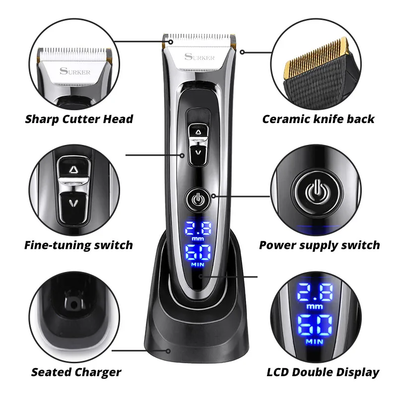 Billige Professionelle Wiederaufladbare Elektrische Haar Clipper Bart Rasierer Haar Trimmer mit Digital Led anzeige Männer Cordless Haarschnitt Maschine