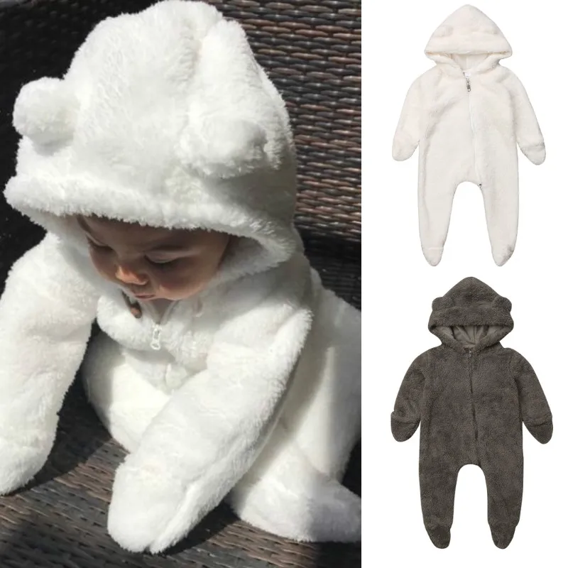 Осень-зима для новорожденных, для маленьких мальчиков и девочек плюшевые теплые детские ползунки комбинезоны детская одежда из хлопка с длинными рукавами с капюшоном с рисунком медведя, детская одежда унисекс