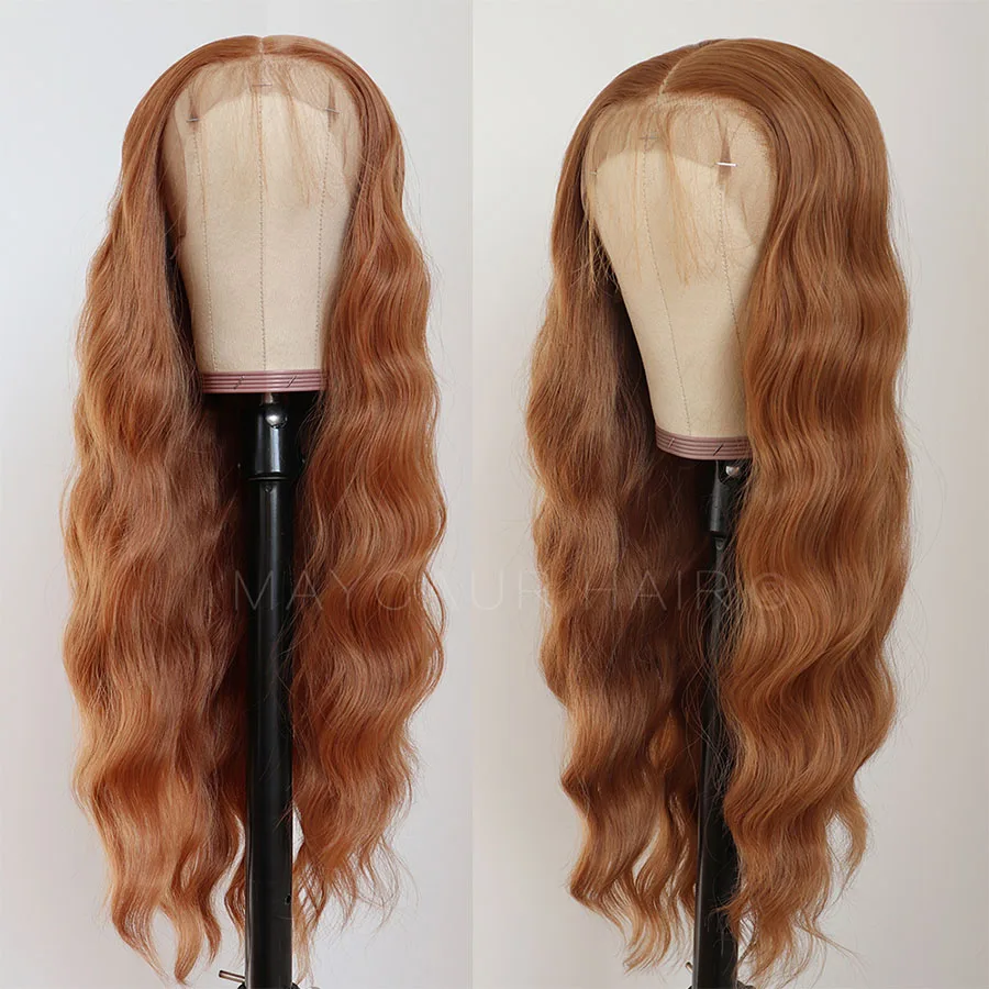 Maycaur 13x6 Copper Brown Color Long Wavy Lace Front Wigs Loose Wave Glueless Synthetic Lace Front Wigs for Black Women Heat Resistant Fiber Hair 24 Inch (2)