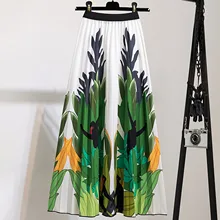 

JAYCOSIN Women High Waist Midi Skirt Summer Floral Women Elastic Waist Printed Mid-length With Pleated Large Hem A-line Skirt