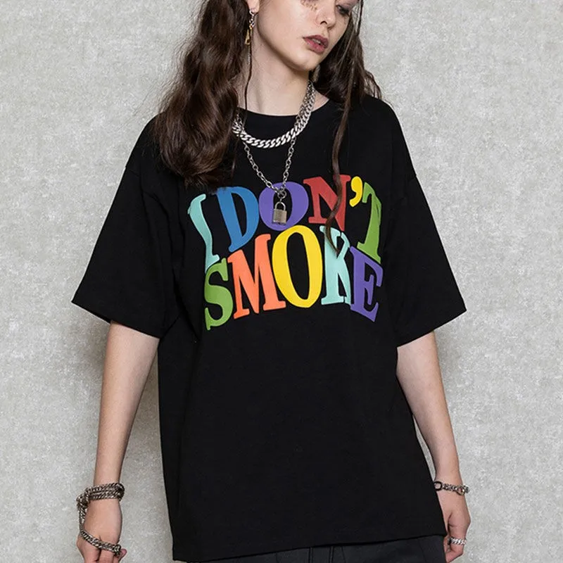 

100% Cotton Summer Clothes Couple Funny Text Print T-shirt O Neck Loose Short Sleeve Women T Shirt Oversized Tops Bf Trend
