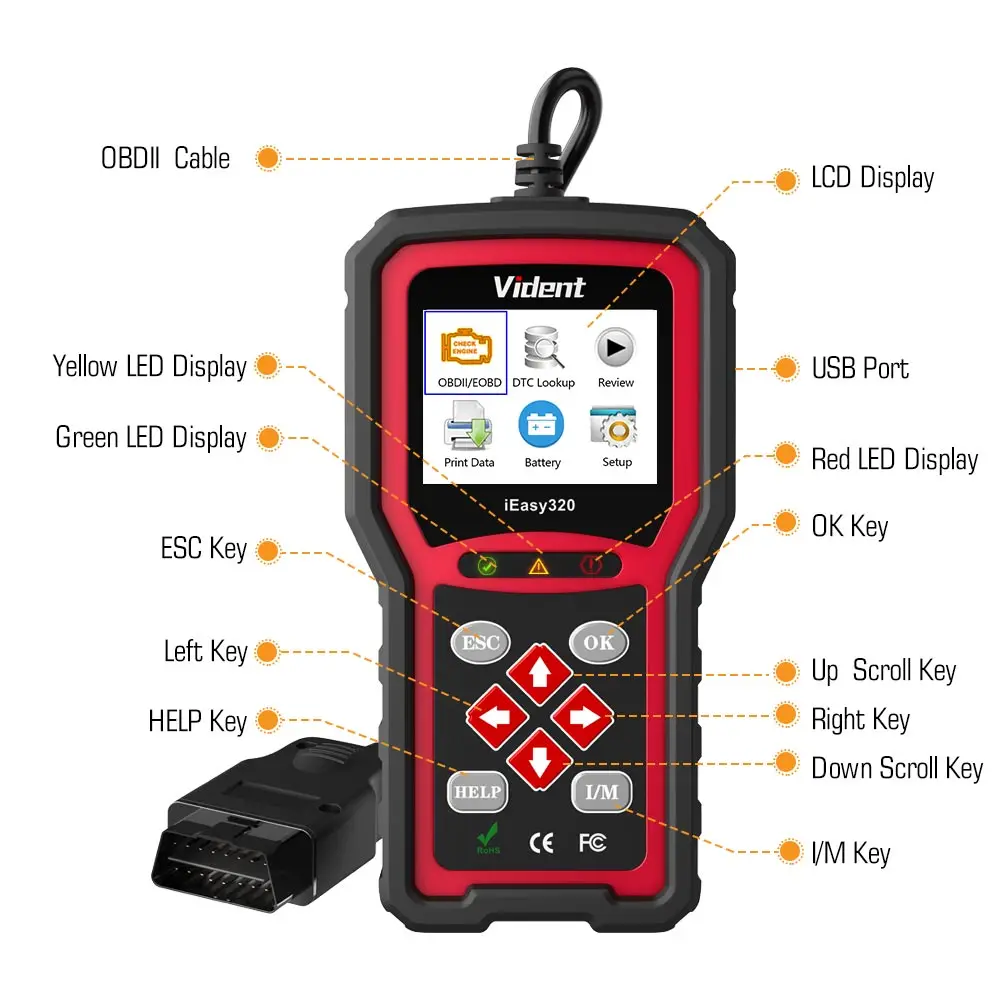 Устройство считывания кода VIDENT easy320 OBDII/EOBD+ работает с большинством 1996 и более новых автомобилей, совместимых с OBDII и CAN