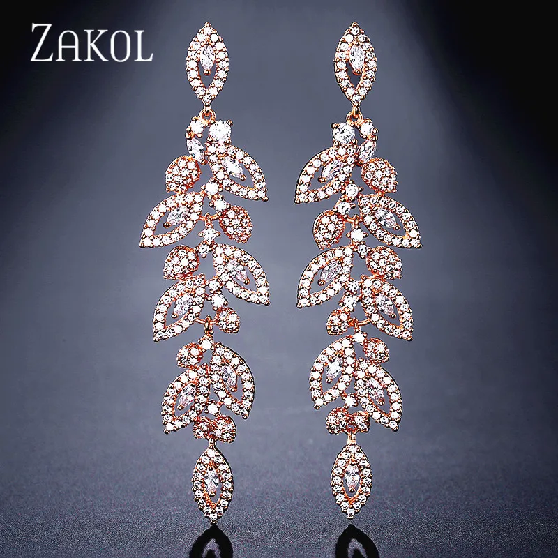 Beste Zakol Fashion Koreaanse Cz Leaf Bruiloft Sieraden Marquise Aaa Zirconia Lange Drop Bridal Oorbellen Voor Elegante Vrouwen FSEP2144