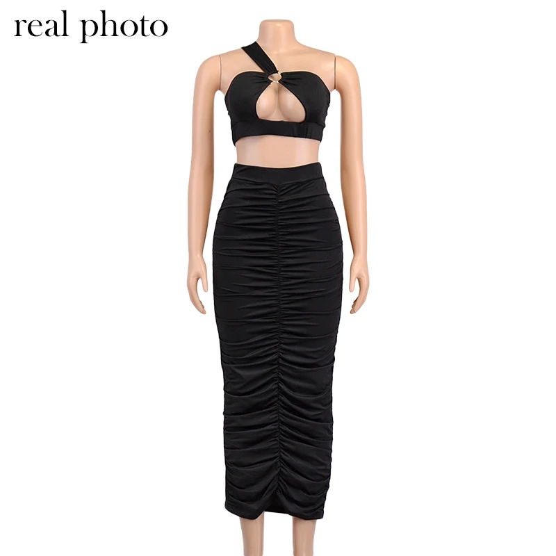 Simenual Ruching Cropped Top And Long Skirt Two Piece Sets Bodycon Cut Out Night Club Partywear Co-ord Outfits Tight Women Suit ladies suits for weddings