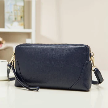 

New Double Zip Women Bag Genuine Cow Leather Clutch Shoulder Bag Messenger Bag Lady First Layer Leather Small Shoulder Bag