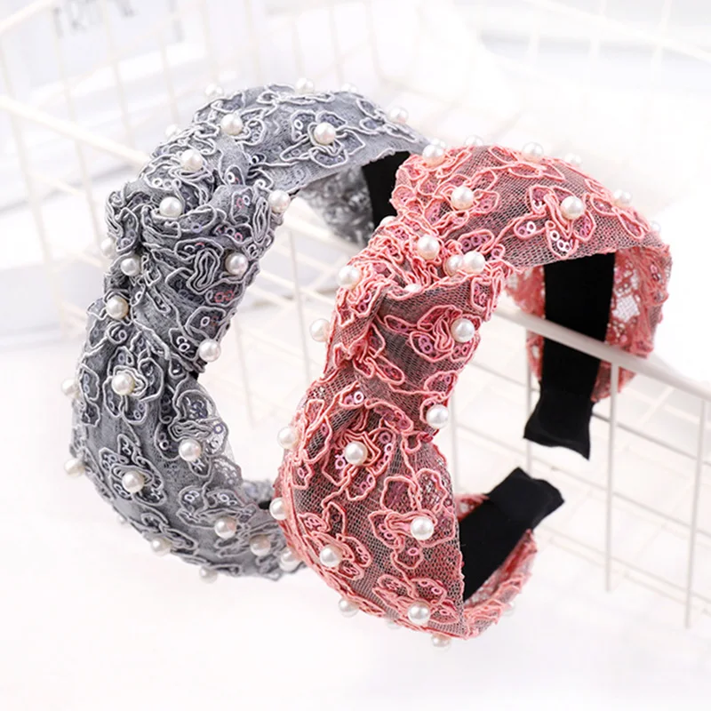 Sweet Ladies Pearl Headband Boutique Headwear Fashion Sequins Lace Hairband Top Knot Headband for women and girls