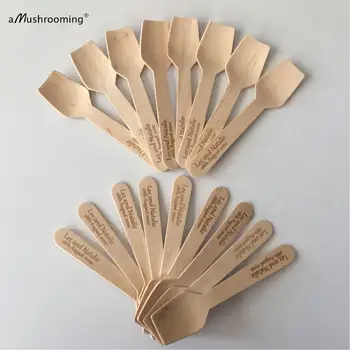 

Wedding Utensils Personalized Wooden Ice Cream Party Favor Spoons Mini Wood Utensils with Bridal Groom Name date (100)