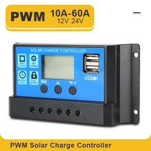 ШИМ-контроллер заряда солнечной батареи, с ЖК-дисплеем, двойным USB-выходом, мощностью 5 В, 60/50/40/30/20/10 А, 12/24 В