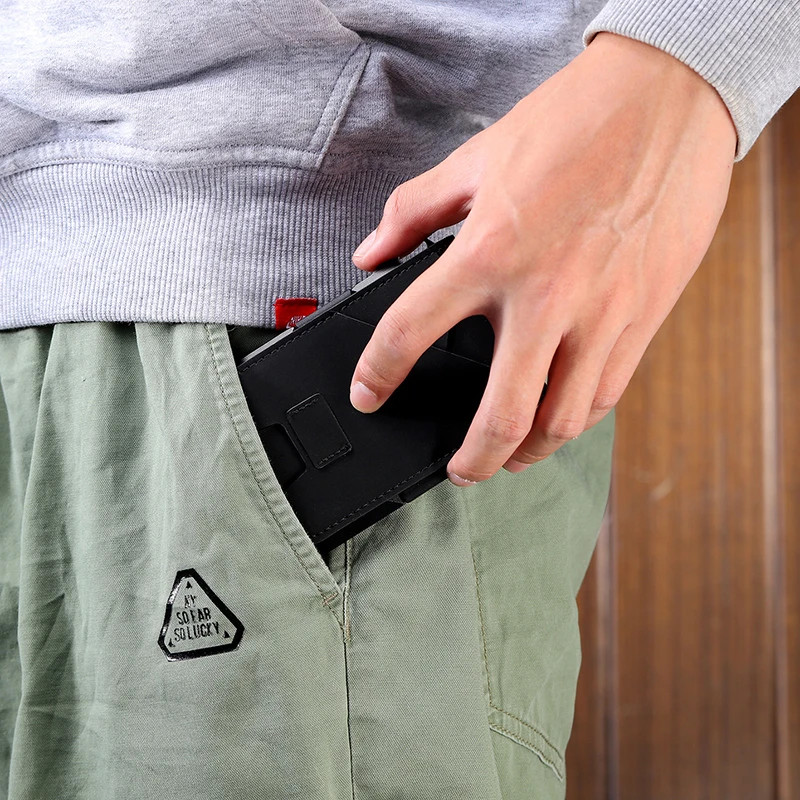 DIENQI Rfid алюминиевые металлические кошельки, мужской держатель для карт, маленький короткий волшебный кошелек, сумка для денег, Винтажный Мужской тройной кожаный волшебный кошелек