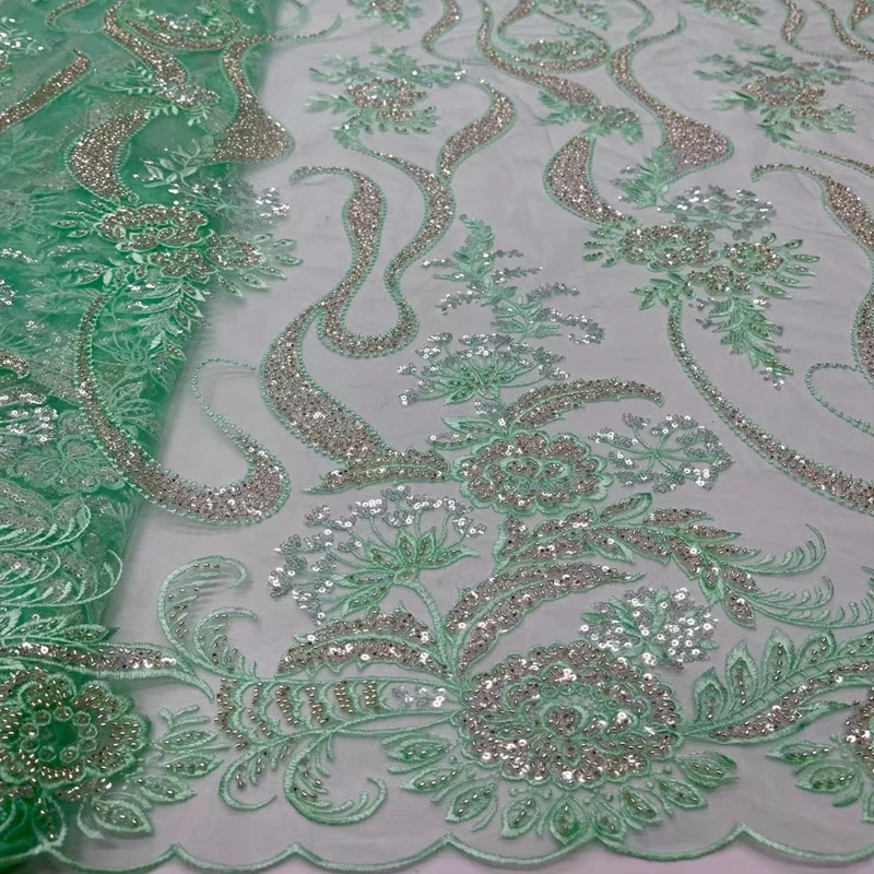 

Высококачественная Тяжелая вышивка ручной работы, нигерийская Свадебная кружевная ткань, отделанная бисером, кружевная ткань для вечерние TS9435
