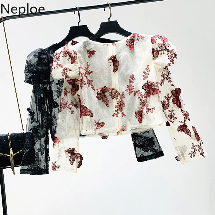 Neploe, винтажная женская блузка, 3D бабочка, вышивка, на молнии сзади, рубашки, осень, длинный рукав-фонарик, круглый вырез, пуловер, Blusas 55776