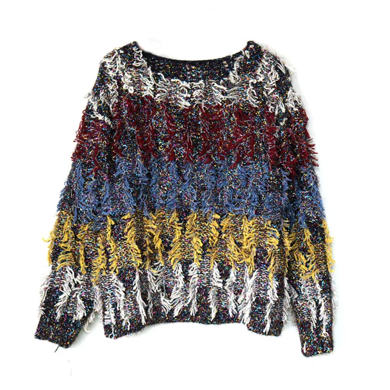 

Long Sleeve Sweater Women 2020 Oversize Winter Autumn Fishing Net Knitted Sweater Mixed Color Hollow Out Wide Striped Tassel Top