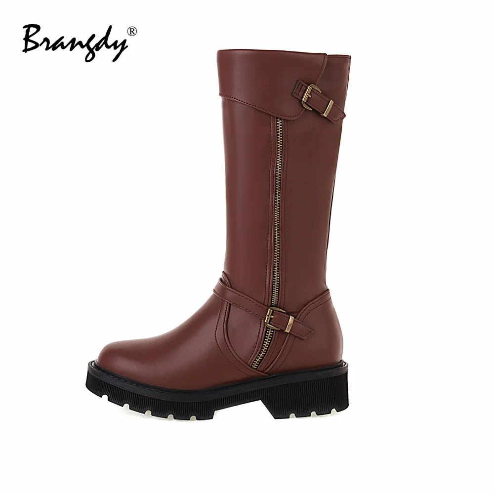 Brangdy Women Knee Hight Boots PU Leather Wedges Metal Decoration Women Shoes Round Toe Zipper Women Winter Brock Boots With Fur