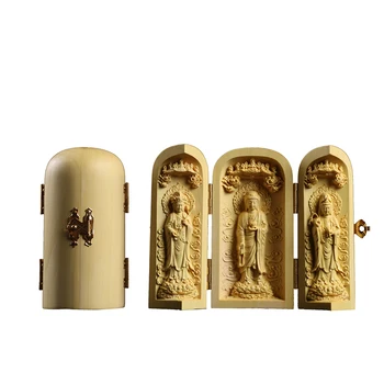 

Wood carving ornaments Buddha statue Western Sansheng Guanyin wood with Fu Lushou three open box