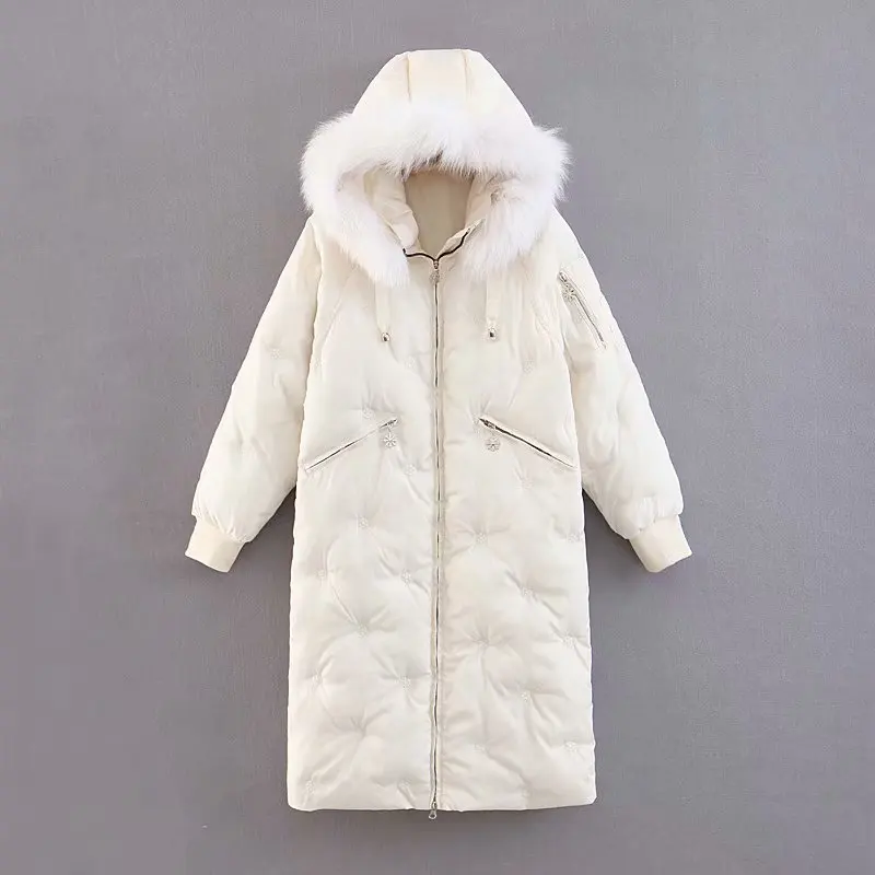 

Autumn And Winter New Style Europe And America WOMEN'S Dress-Style Solid Color Snowflake Embroidered Fur Collar Loose-Fit Mid-le