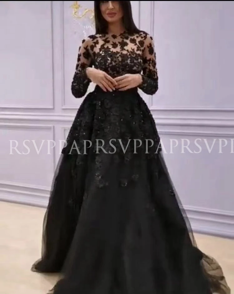 

Luxury Elegant Formal Gown A-line Long Sleeve Beaded Lace Arabic Dubai Black Evening Dress 2019 For Women
