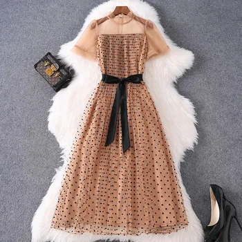 

Women polka dot mesh dress summer 2020 turtleneck short sleeve black sashes elegant sexy patchwork pleated dresses khaki