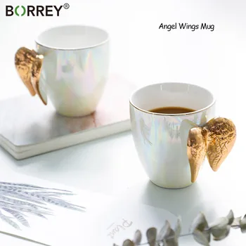 

BORREY Angel Wings Mug Gold Handle Goddess Cup Coffee Tea Office Mug Fairy Water Cup Colorful Pearl Color Creative Birthday Gift