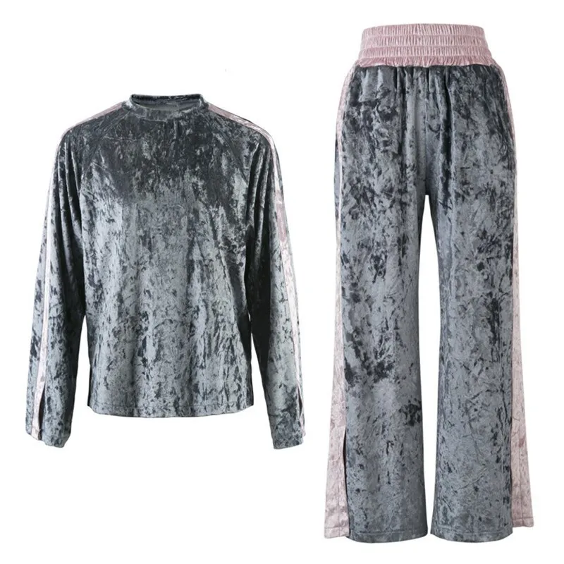 Лоскутный Женский бархатный комплект из двух предметов футболка брюки осенний спортивный костюм Винтаж женские модные свободные
