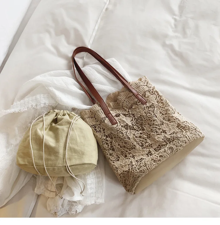 2021 New Summer Chic Girl Lace Shoulder Bag With Liner Package Women Handbag Female Tote Bags Big Capacity Foldable Beach Bag