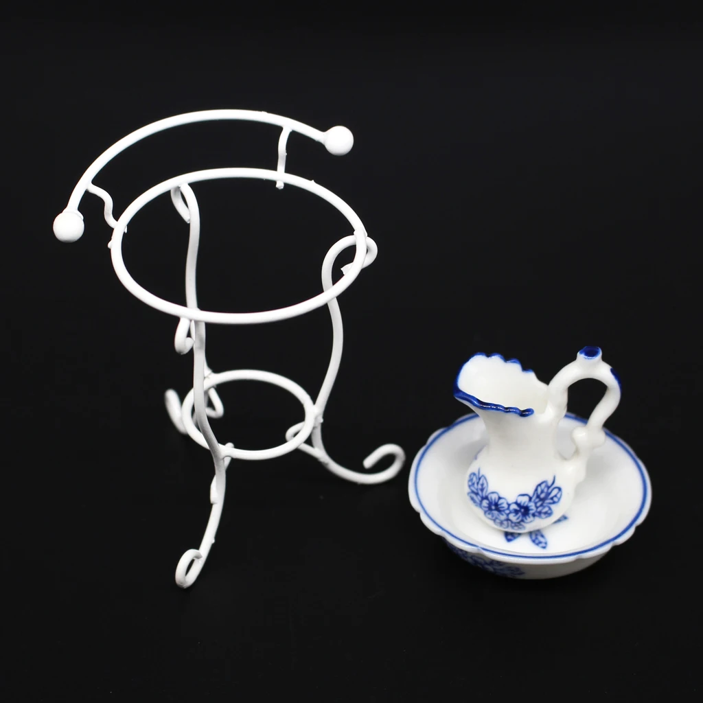 

1/12 Dollhouse Miniatures Mini Water Pot Washbasin And Rack Set