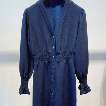 

Women's Knee-length Dress Early Autumn V-neck Elastic Waist Long Sleeve Female Dresses with Gold Buttons