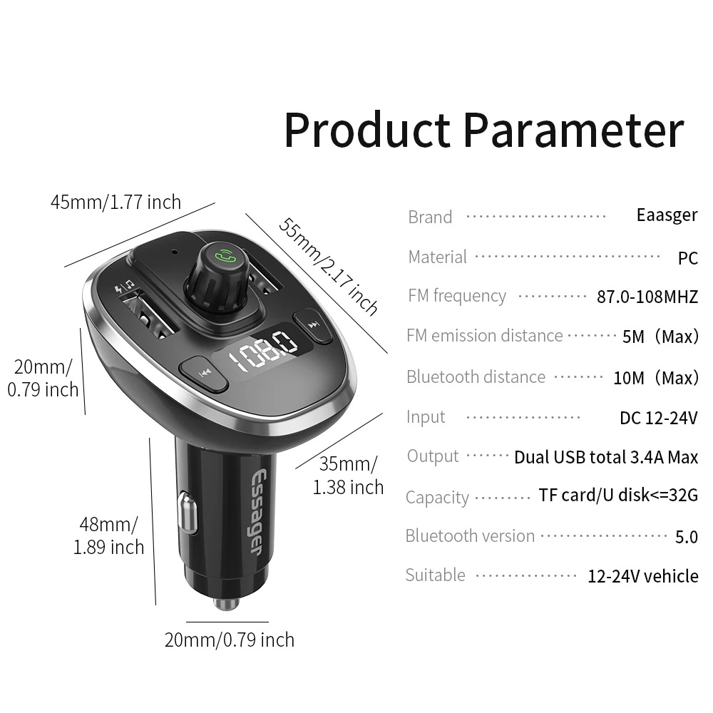 Essager Car Charger FM Transmitter Bluetooth Car Audio MP3 Player TF Card Car Kit Dual USB Car Phone Charger For iPhone Xiaomi wallcharger