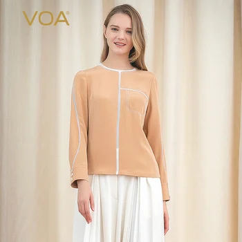 

Voa Camel 40 Mm Weight True Round Collar Sleeves Clash Color Stitching Trim Silk Top B9067 Harajuku t Shirt Tshirt