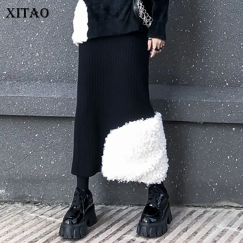 

XITAO Split Knitted Skirt Fashion New 2019 Winter Appliques Patchwork Elastic Waist Small Fresh Casual Loose Skirt GCC2934