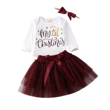 My 1st Christmas Newborn Baby Girl Long Sleeve Cotton Bodysuit Tops Tutu Skirt Headband 3PCS Holiday Party Clothes Set