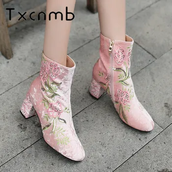 

TXCNMB New Vintage Print Round Toe High Heel Boots Women Ankle Boots Elegant Zipper Flock Leather Party Prom Shoes Woman