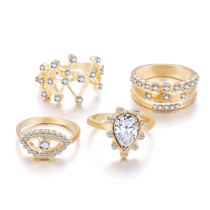 

New Fashion 4 Pcs/Set Korean Style Crystal Rings Metal Gold Color Finger Ring For Women Gift Ring set