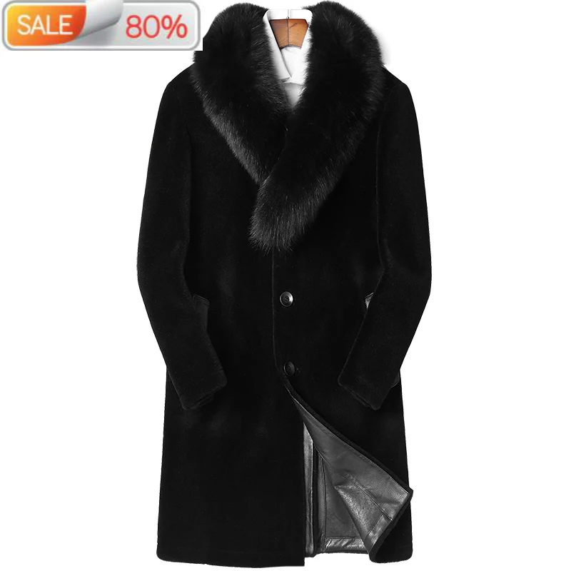 

100%Wool Coat Autumn Winter Fox Collar Hooded Coats Men Sheep Shearling Fur Parka Manteau Homme Hiver P-MA516Z ZLA41