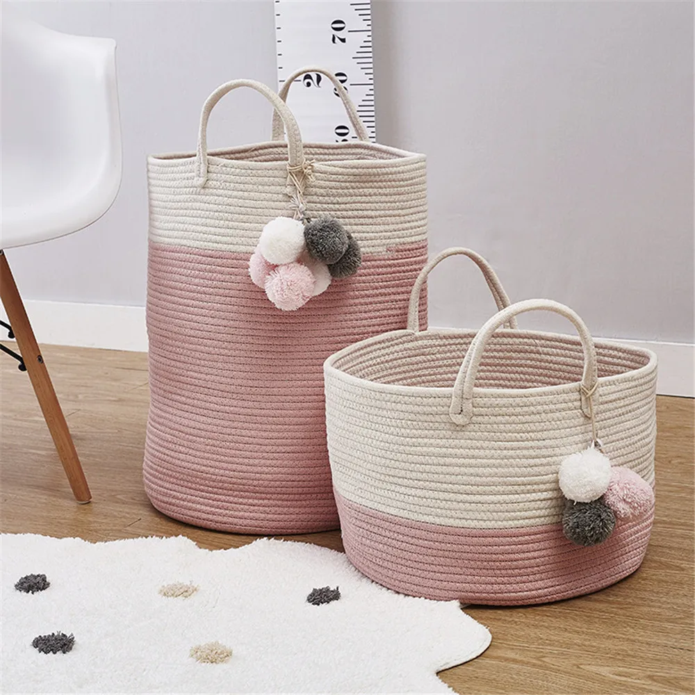 INS новая хлопчатобумажная веревка тканая корзина для белья с помпонами украшения
