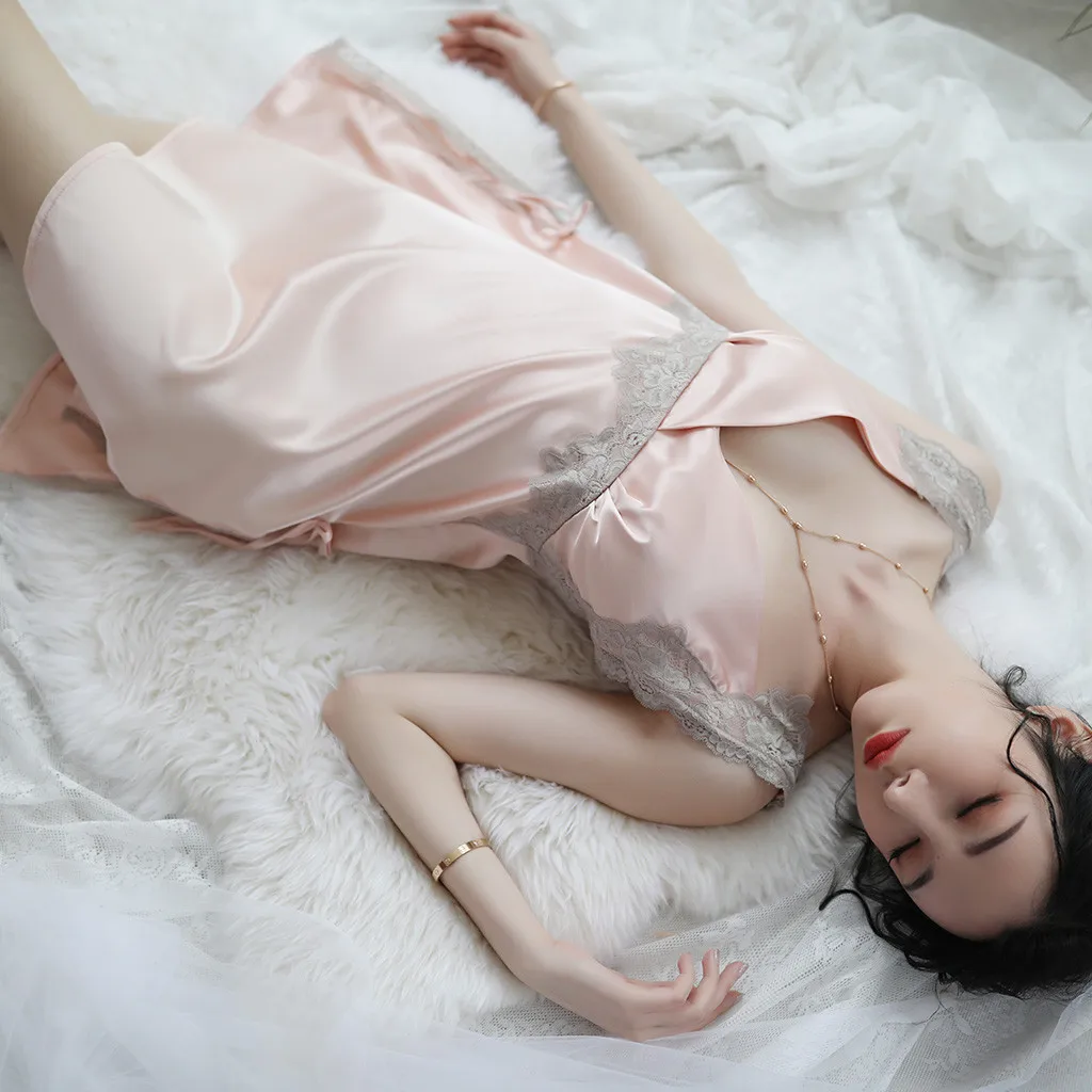 Женская сексуальная ночная рубашка с v-образным вырезом, кружевной отделкой, регулируемым ремешком, с разрезом по бокам, одежда для сна, женская одежда для сна, пижамы# ss