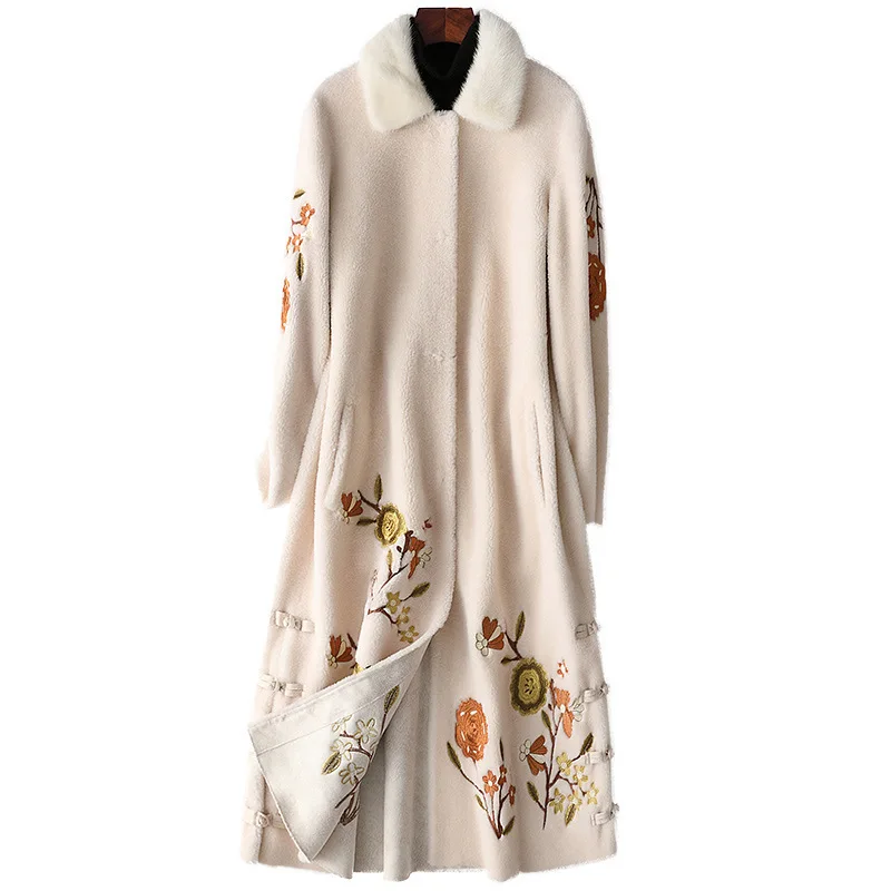 

Casual Winter Women Sheepskin Real Fur Coat Floral Embroidery Long Warm Thick Mink Fur Wool White Pocket Simple Jackets Overcoat