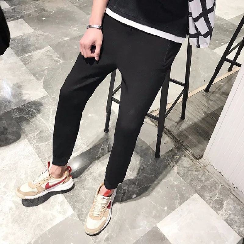

Autumn & Winter Casual Pants MEN'S Trousers Hong Kong Style New Style Black And White with Pattern Trend Beam Leg Skinny Pants L
