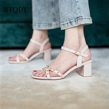 

BYQDY Sexy Rivets Female Sandals Glitter Peep Toe High Heels Ankle Wrap Shoes Woman Open Toe Metal Back Strap Lady Sandals White