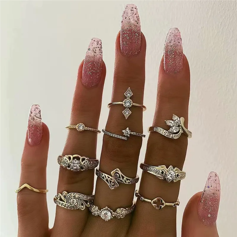 ZORCVENS винтажные золотые кольца для суставов палец набор для женщин белый камень узор с косами кольцо на палец женское модное ювелирное изделие - Цвет основного камня: 15885