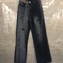 Осенние и зимние новые женские уличные сочетающихся цветов Джинсы с прорехами 911