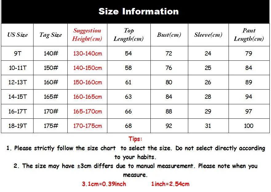 teens size chart